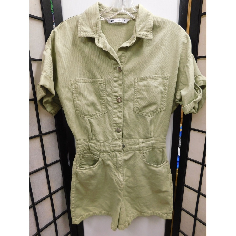 Zara Womens Olive Green Utility Button Front Short Sleeve Denim Romper Size S